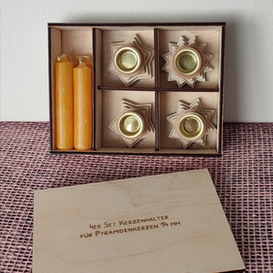 Holz-Box mit 4 sternenförmigen Kerzenhaltern und Kerzen