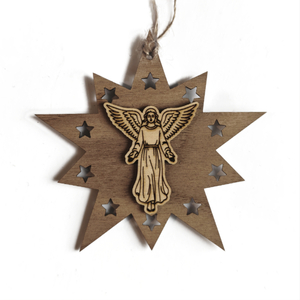 Design Christbaum-Schmuck Doppelstern Walnuss/Ahorn, Motiv Engel schwebend (Erwachsener)