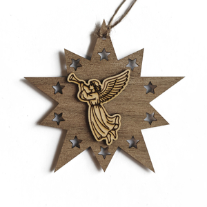 Design Christbaum-Schmuck Doppelstern Walnuss/Ahorn, Motiv Engel links (Erwachsener)