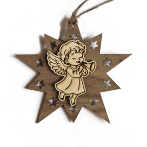 Design Christbaum-Schmuck Doppelstern Walnuss/Ahorn, Motiv Engel rechts (Kind)