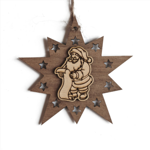 Design Christbaum-Schmuck Doppelstern Walnuss/Ahorn, Motiv Weihnachtsmann mit Liste