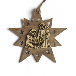 Design Christbaum-Schmuck Doppelstern Walnuss/Ahorn, Motiv Heilige Familie
