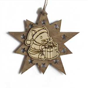 Design Christbaum-Schmuck Doppelstern Walnuss/Ahorn, Motiv Hamster