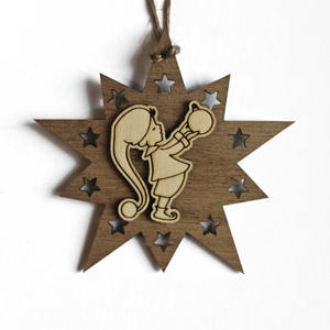 Design Christbaum-Schmuck Doppelstern Walnuss/Ahorn, Motiv Wichtel