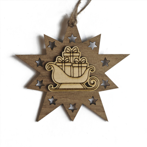 Design Christbaum-Schmuck Doppelstern Walnuss/Ahorn, Motiv Schlitten