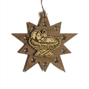 Design Christbaum-Schmuck Doppelstern Walnuss/Ahorn, Motiv Weihnachts-Krippe