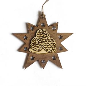 Design Christbaum-Schmuck Doppelstern Walnuss/Ahorn, Motiv Zapfen