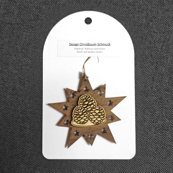 Design Christbaum-Schmuck Doppelstern Walnuss/Ahorn, Motiv Zapfen – Bild 2