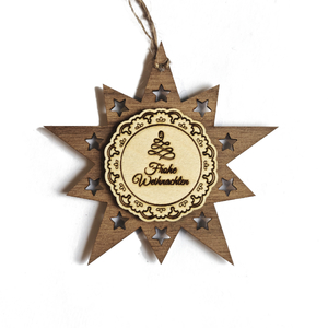 Design Christbaum-Schmuck Doppelstern Walnuss/Ahorn, Motiv Frohe Weihnachten