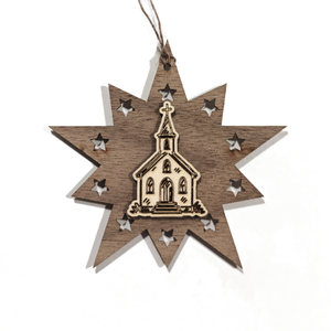 Design Christbaum-Schmuck Doppelstern Walnuss/Ahorn, Motiv Kirche