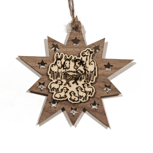 Design Christbaum-Schmuck Doppelstern Walnuss/Ahorn, Motiv Stalltiere