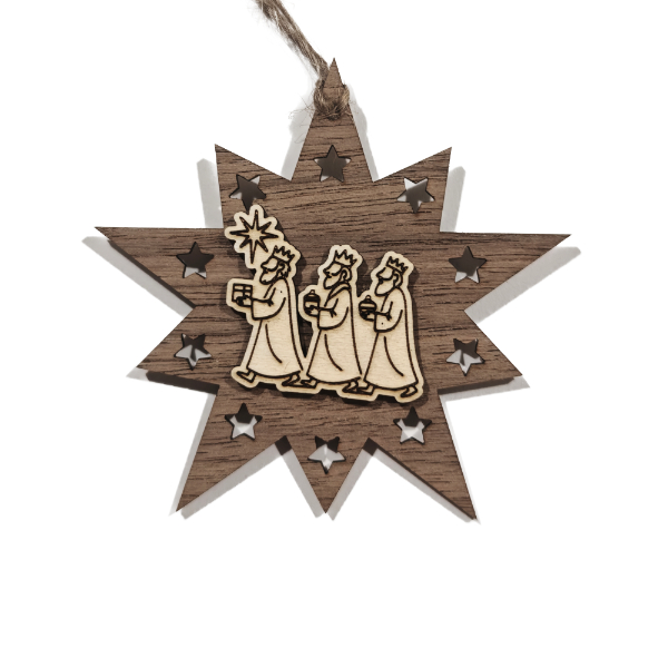 Design Christbaum-Schmuck Doppelstern Walnuss/Ahorn, Motiv Heilige 3 Könige