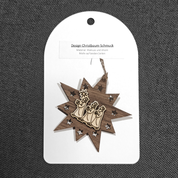 Design Christbaum-Schmuck Doppelstern Walnuss/Ahorn, Motiv Heilige 3 Könige – Bild 2