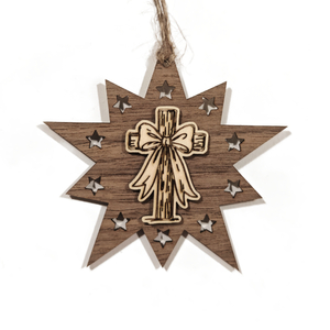 Design Christbaum-Schmuck Doppelstern Walnuss/Ahorn, Motiv Kreuz