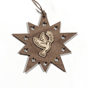 Design Christbaum-Schmuck Doppelstern Walnuss/Ahorn, Motiv Taube