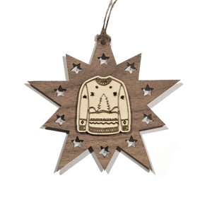 Design Christbaum-Schmuck Doppelstern Walnuss/Ahorn, Motiv Pullover