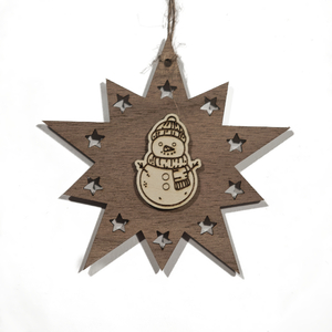 Design Christbaum-Schmuck Doppelstern Walnuss/Ahorn, Motiv Schneemann