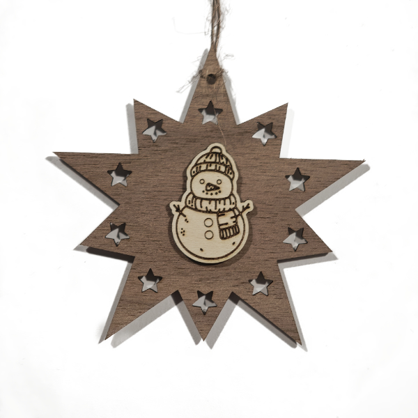 Design Christbaum-Schmuck Doppelstern Walnuss/Ahorn, Motiv Schneemann
