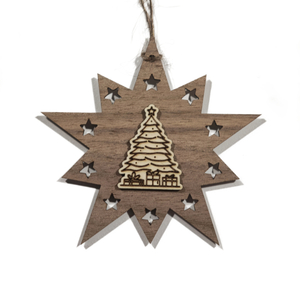 Design Christbaum-Schmuck Doppelstern Walnuss/Ahorn, Motiv Weihnachtsbaum
