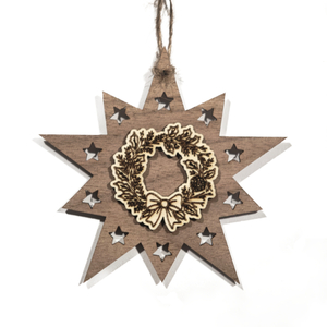 Design Christbaum-Schmuck Doppelstern Walnuss/Ahorn, Motiv Kranz