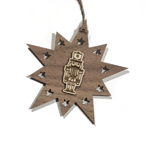 Design Christbaum-Schmuck Doppelstern Walnuss/Ahorn, Motiv Nussknacker