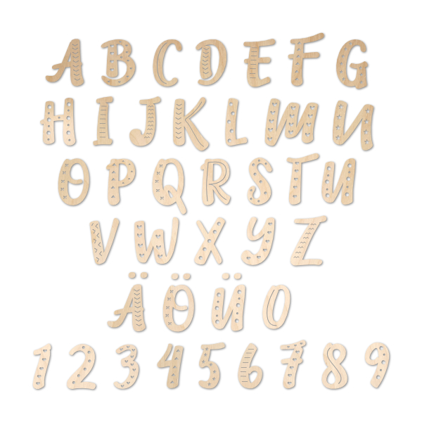 Buchstaben aus Holz, Schriftart E02 mit Muster, 4mm stark